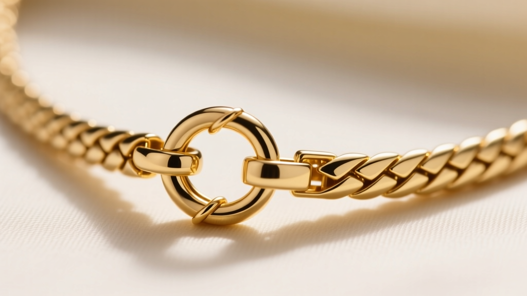 Macro shot of a secure lobster clasp and soldered jump ring attached to the tapered end of an 18k gold herringbone necklace connection point.