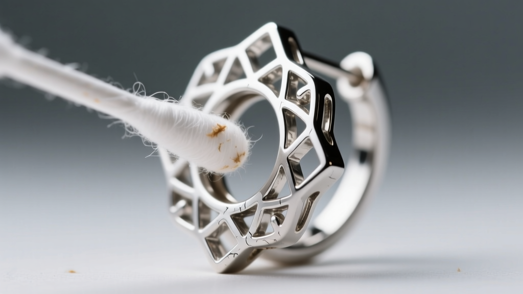 Macro shot of a cotton swab cleaning metal grooves of an anime earring under studio light, revealing detailed silver metal texture