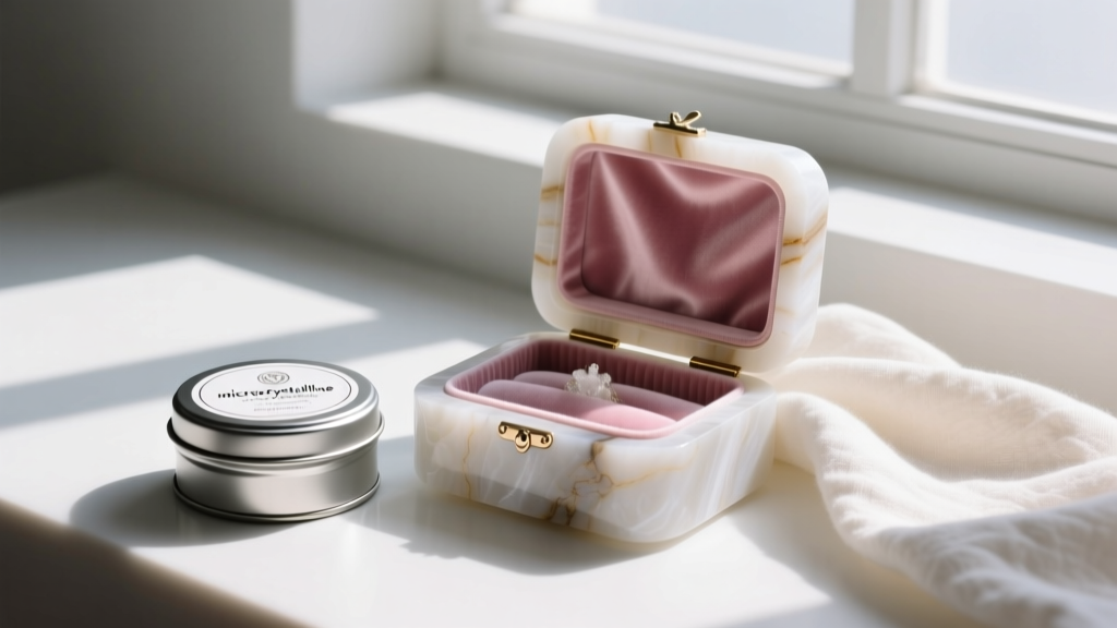 Tin of microcrystalline wax and soft cotton cloth next to an open alabaster box lined with blush velvet to protect fine jewelry