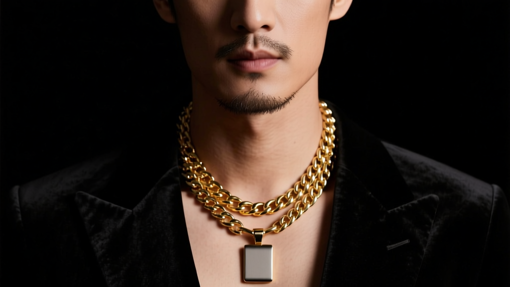 Close-up of a man wearing a layered 14k gold Cuban link chain and a matte titanium pendant in moody studio lighting
