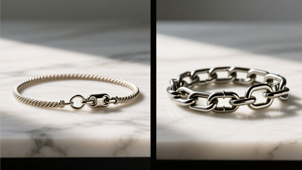 Side-by-side comparison of a 1.2mm rope chain and a 2.5mm curb chain, showing different lobster clasp mechanisms and jump rings