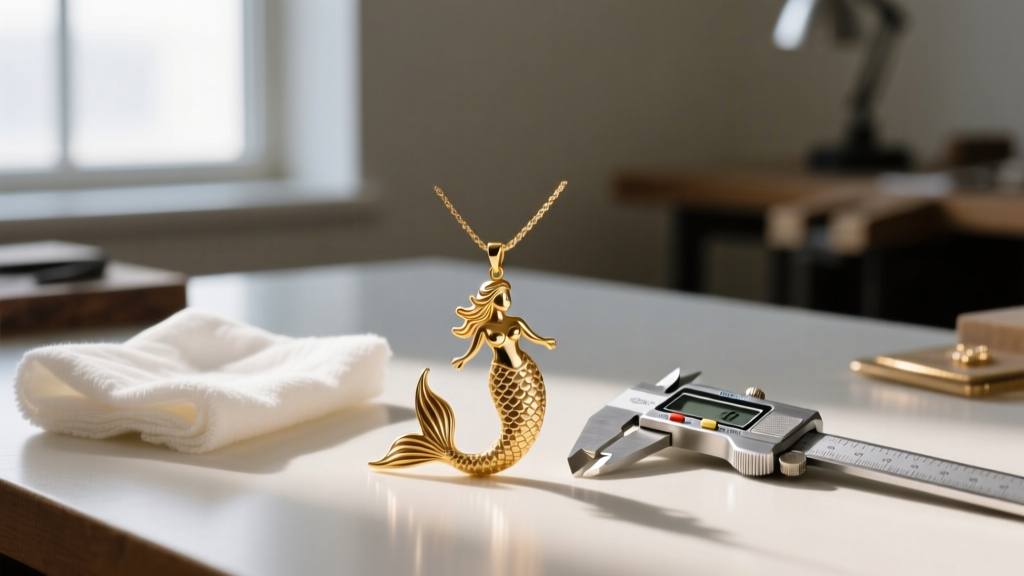 Jeweler workbench featuring a custom gold vermeil mermaid pendant, polishing cloth, and digital calipers for exact measurements.