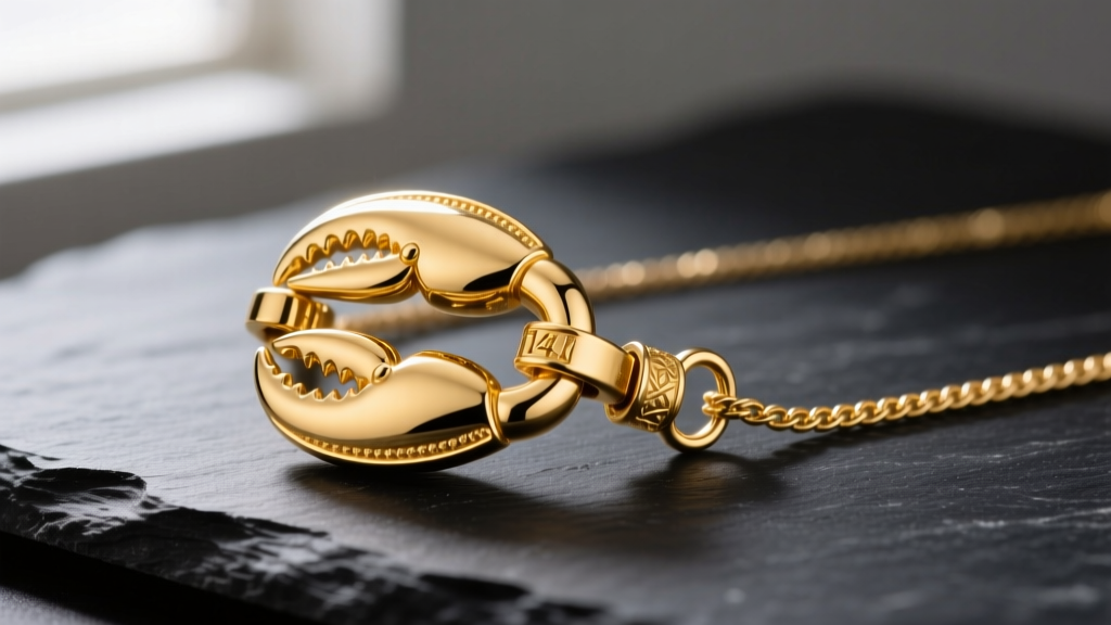 Macro photography of a polished 14k yellow gold lobster claw clasp attached to a delicate cable chain, resting on dark slate