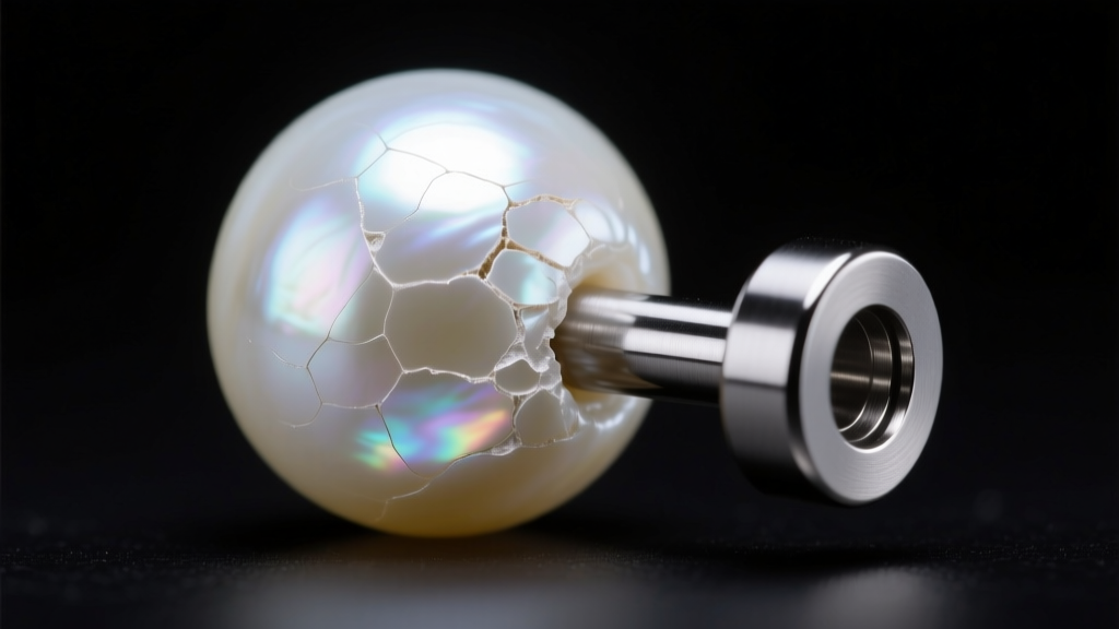Macro shot of a dull white pearl on a titanium labret showing early nacre degradation under bright studio lighting.