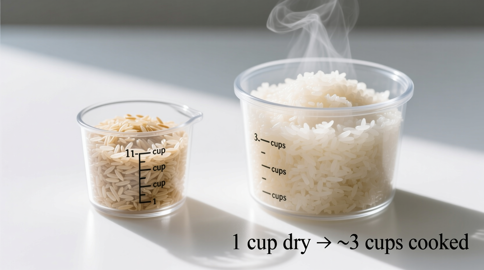 Rice measurement comparison showing dry and cooked volumes