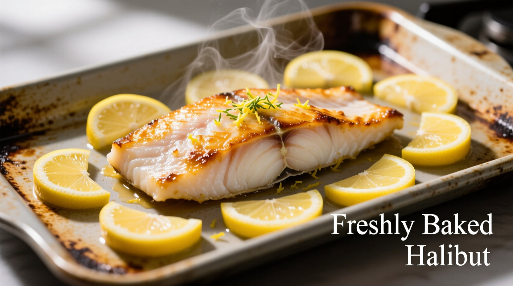 Perfectly cooked halibut fillet on baking sheet with lemon slices