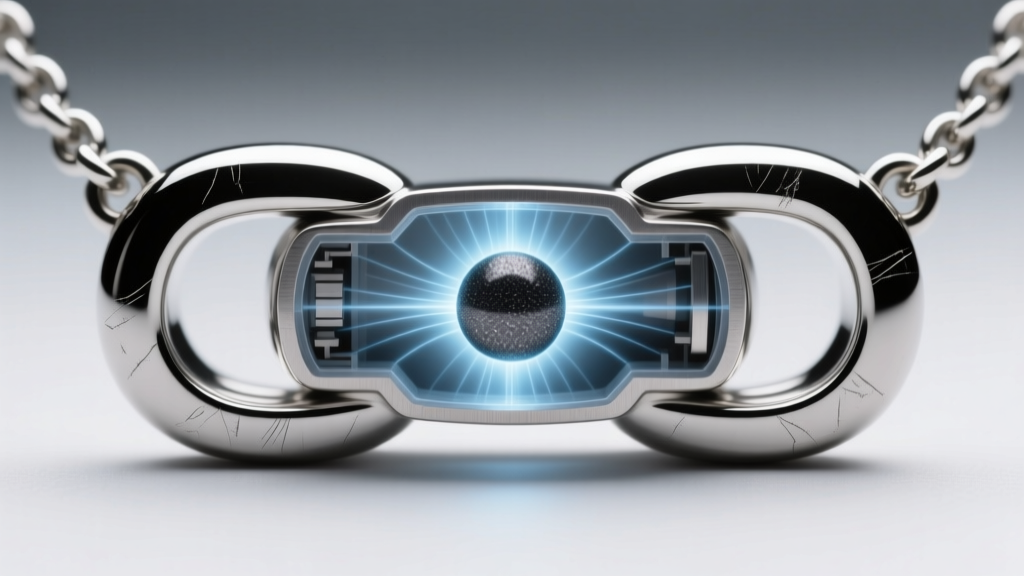 Cross-section diagram style photo of a 316L stainless steel necklace link showing the internal ferrite magnet core inside.