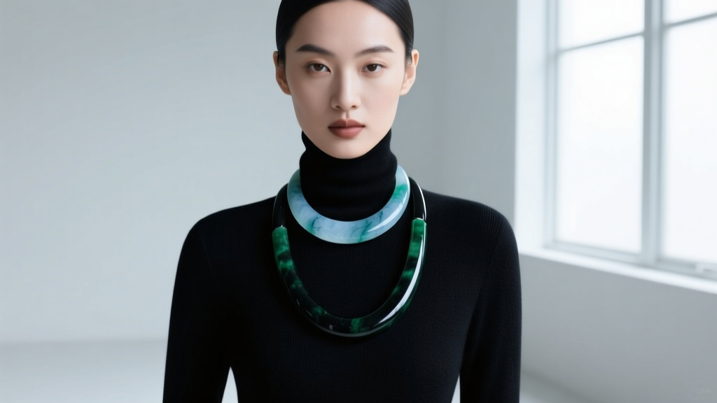 Model wearing a layered 16-inch ice jade choker and 24-inch black nephrite opera necklace over a fitted black cashmere turtleneck.