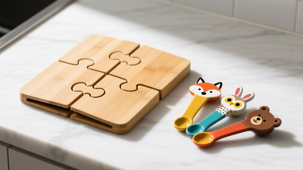 Foldable bamboo cutting board with interlocking puzzle edges and quirky animal-shaped measuring spoons resting on a white marble countertop