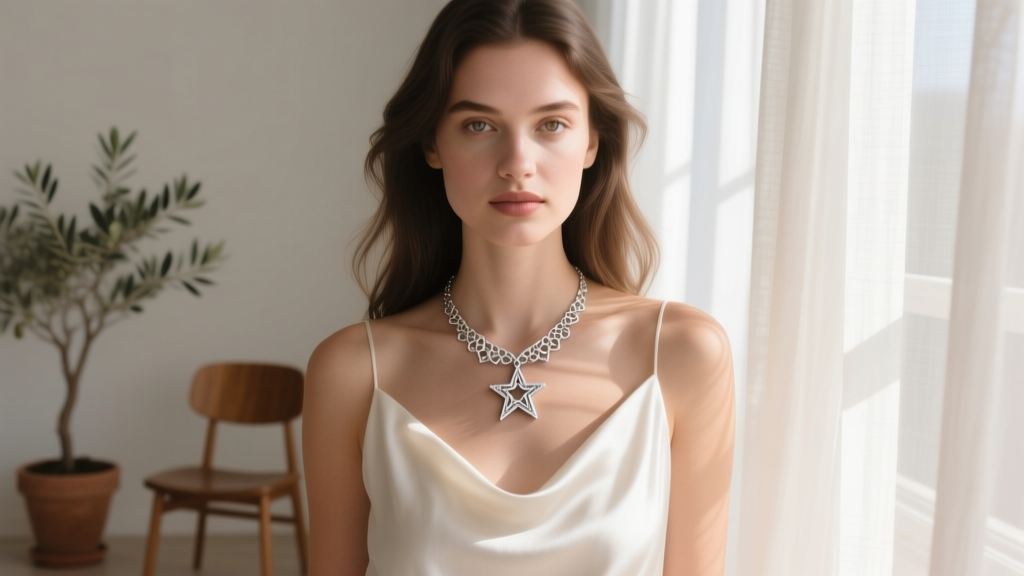 Young woman wearing a delicate sterling silver bracha star necklace over a white dress, smiling softly in natural window light.