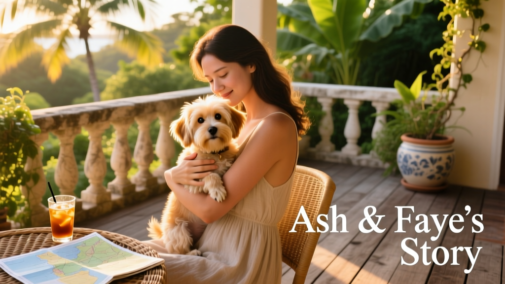 Woman cuddling a small dog on a sunlit patio