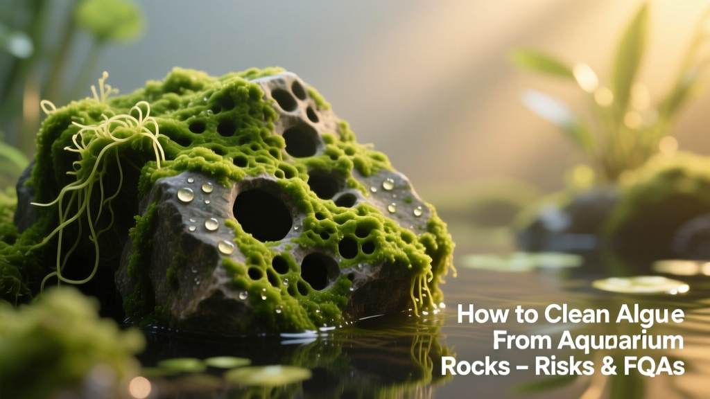Close-up of green algae coating porous aquarium rocks in a freshwater tank