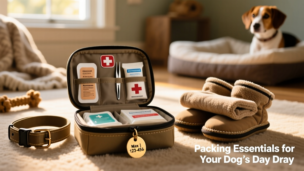Close-up of a compact dog first aid kit with labeled compartments, alongside a spare collar, ID tag, and folded booties