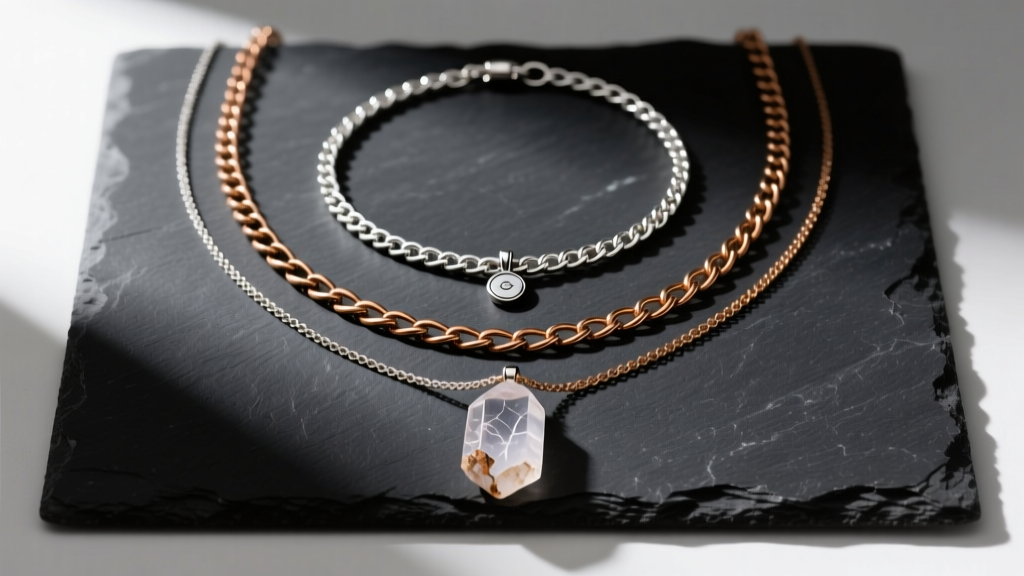 Flat lay of layered necklaces: a 14-inch choker, a 22-inch dirty mid chain, and a 30-inch raw quartz pendant on dark slate.