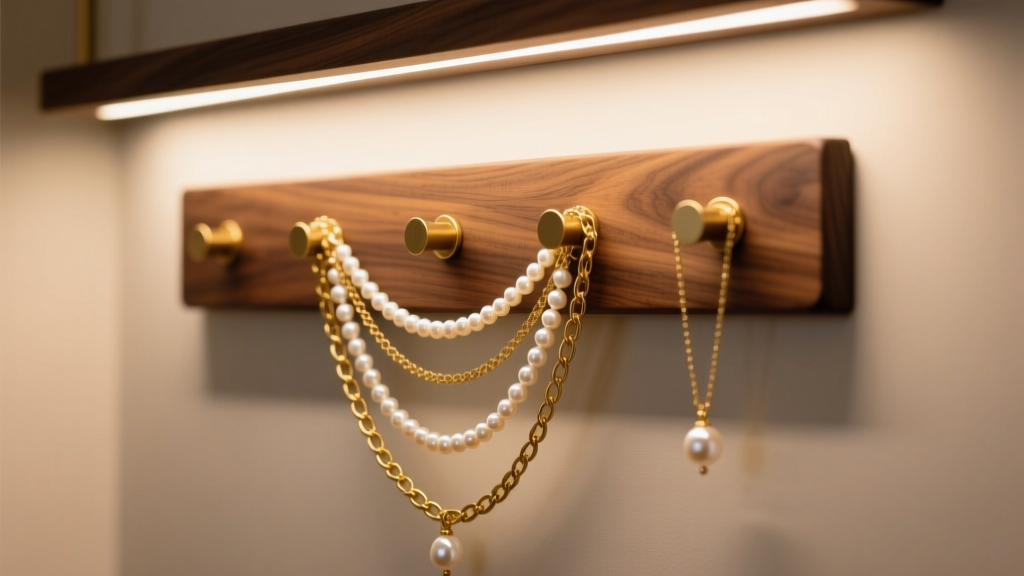 Custom walnut necklace hanger wall displaying layered gold chains and pearl pendants under warm vanity lighting