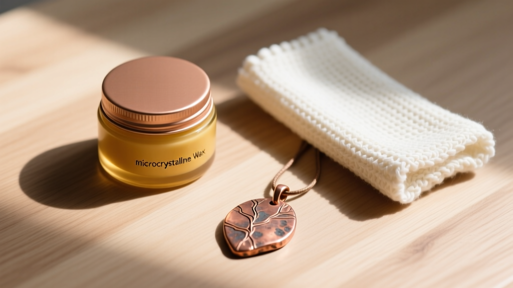 Flat lay of copper care items including microcrystalline wax, a polishing cloth, and a raw copper pendant on light oak wood.
