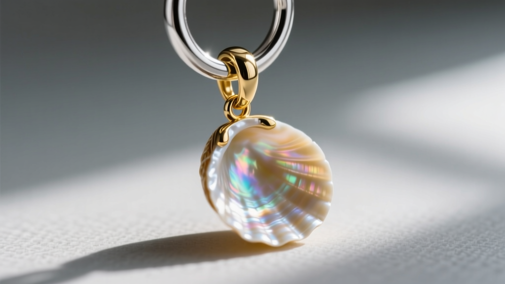Macro shot of an 18-gauge sterling silver jump ring attaching a gold-filled bail to a delicate mother-of-pearl scallop shell.