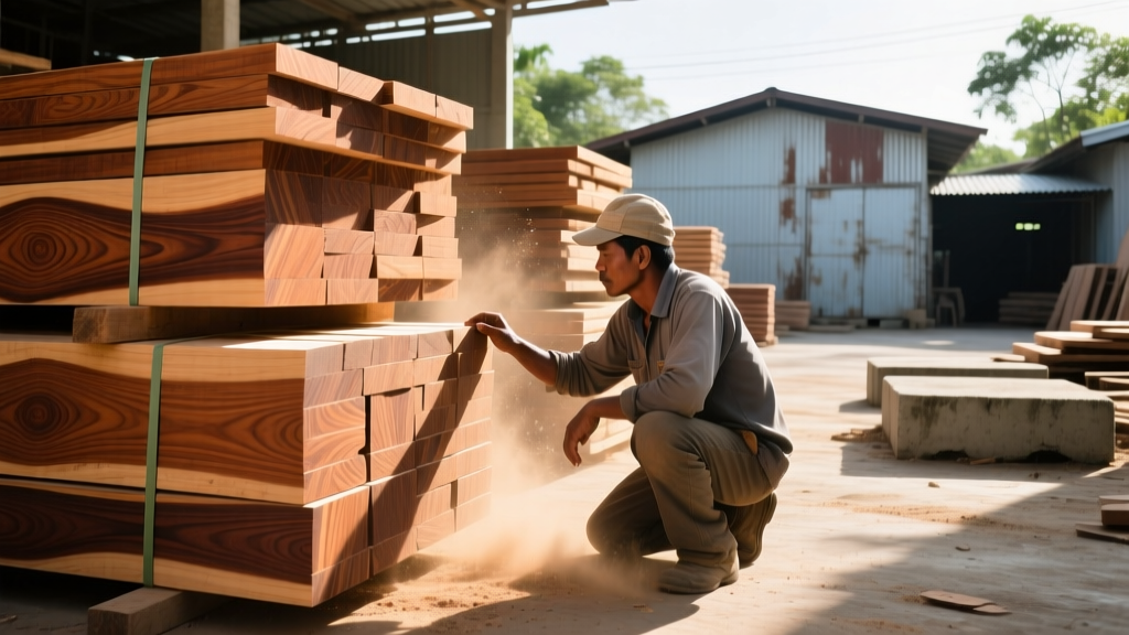 Stacked Philippine Tangile and Yakal lumber bundles in a Manila yard, contractor inspecting wood grain for structural house framing