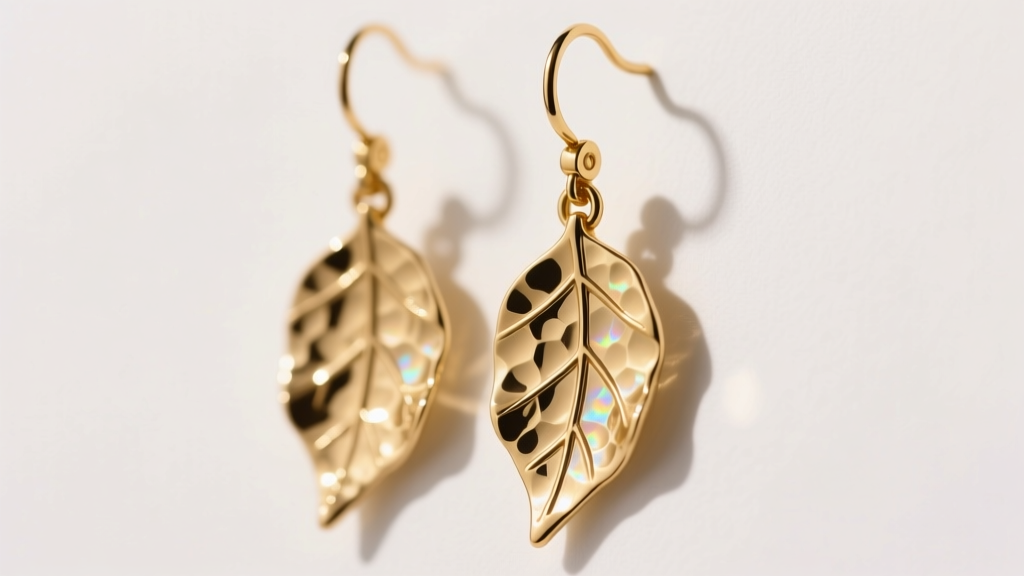Close-up of 14k gold hammered leaf dangle earrings in warm light, showing textured veins and a 20-gauge french hook ear wire