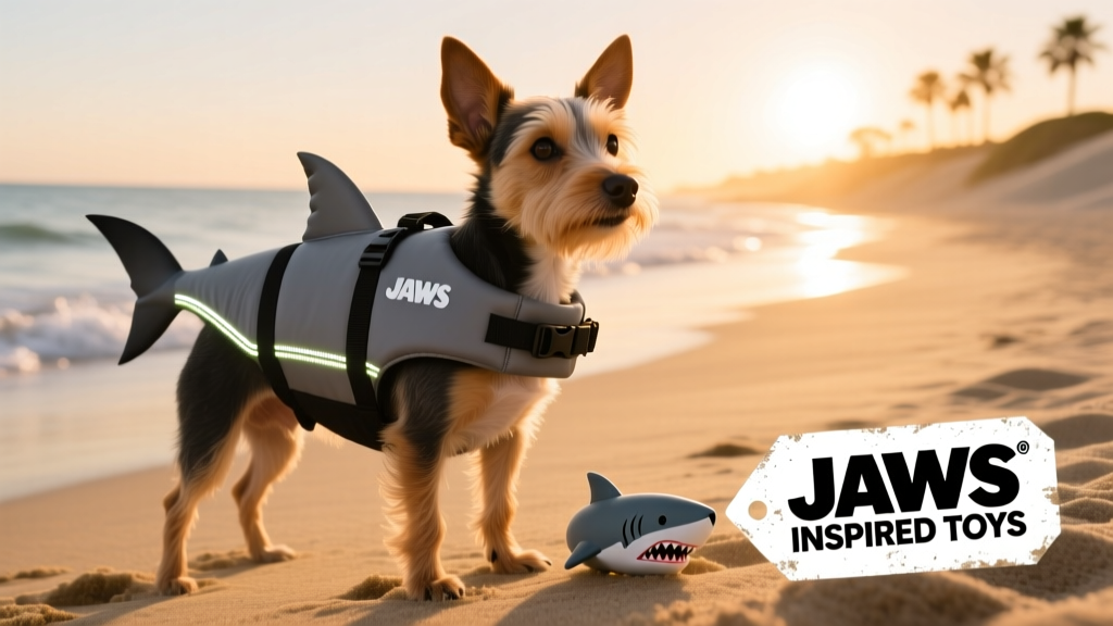 A small terrier wearing a gray shark-shaped life jacket, standing confidently on a sandy shoreline