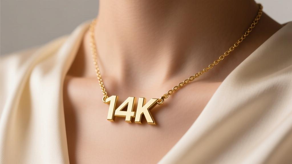 Close-up of a 14k gold name charm necklace with bold sans-serif typography resting on a silk-draped collarbone in soft studio light