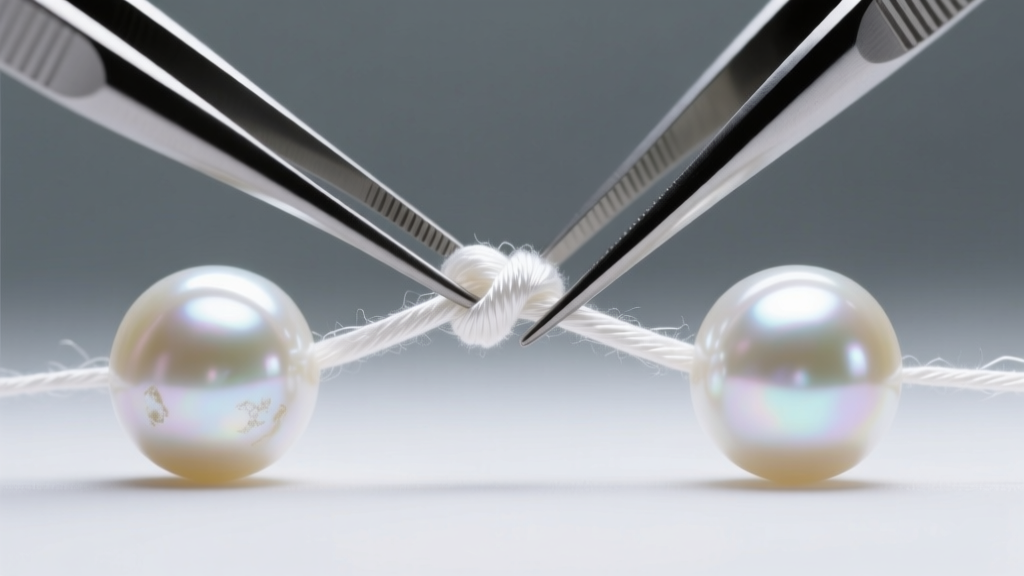 Macro shot of tweezers tightening a micro-knot on white Size F silk thread between two freshwater pearls, bright studio lighting.