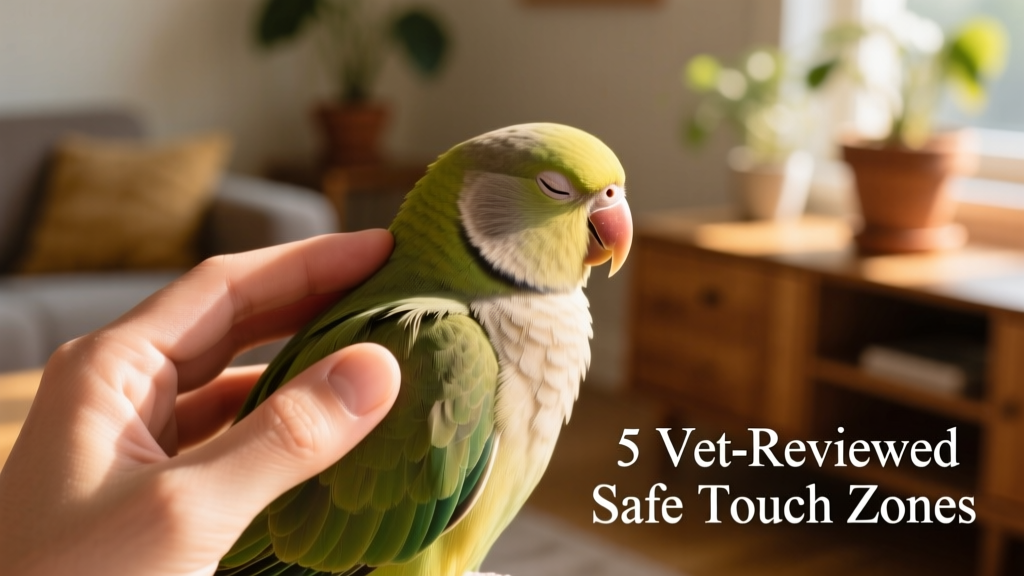 Close-up of a hand gently stroking a parakeet's nape and upper back, feathers smooth and relaxed