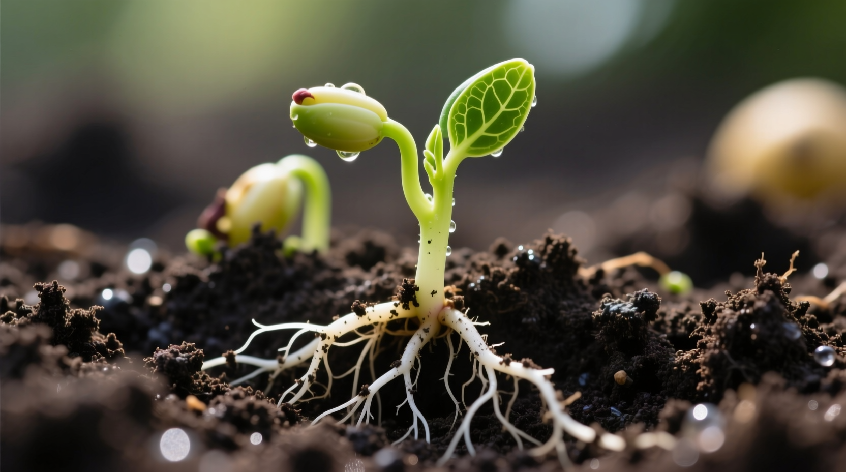 Potato sprouts emerging from soil with root system