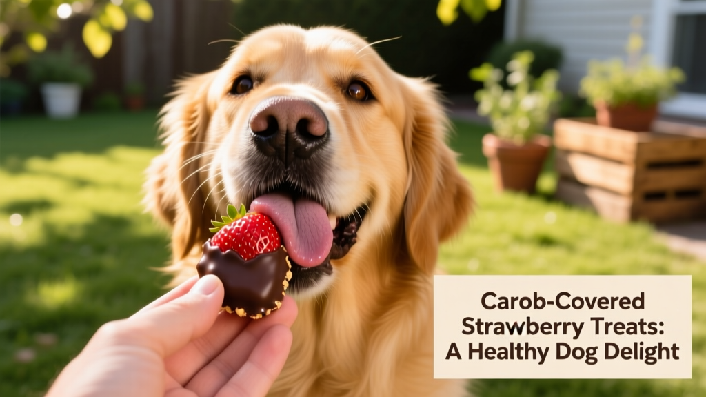 Close-up of a dog happily licking a carob-coated strawberry treat from a person's hand