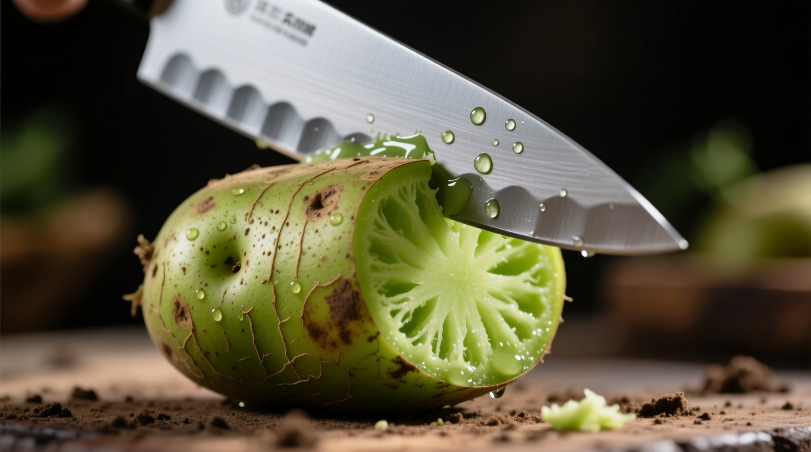 Close-up of green potato with knife cutting away affected area