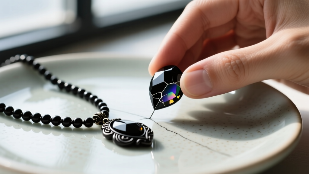 Hand holding a dark bead near unglazed porcelain, demonstrating the streak test to authenticate a vintage black crystal necklace.