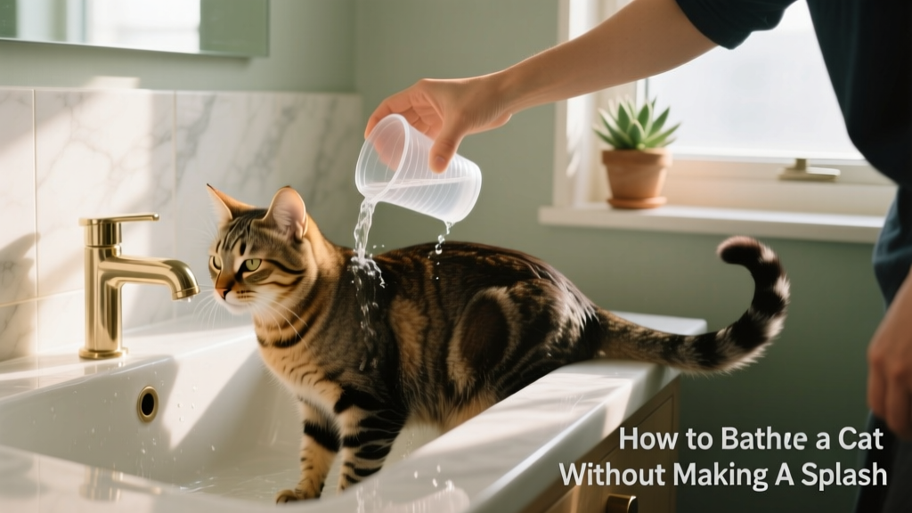 A calm, confident cat owner gently wetting a relaxed cat’s back with a plastic cup in a bathroom sink