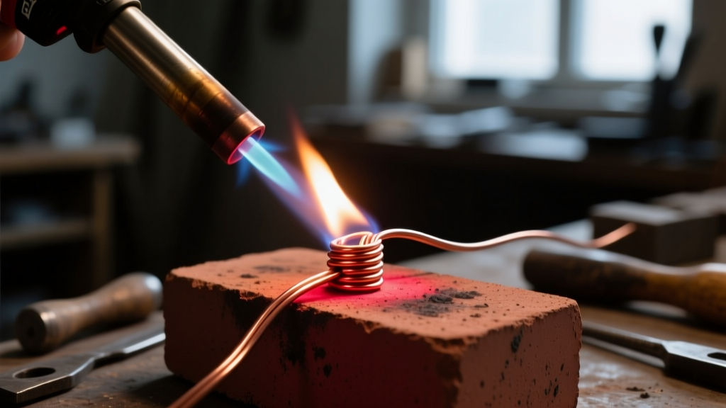 Butane torch heating a copper wire joint to dull cherry red on a firebrick block in a dimly lit jewelry studio workspace