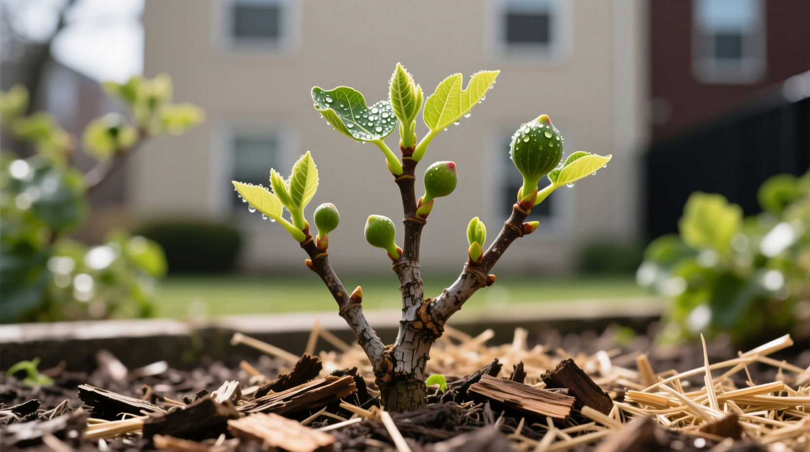 Chicago Hardy fig plant showing new spring growth after -10°F winter with mulch protection