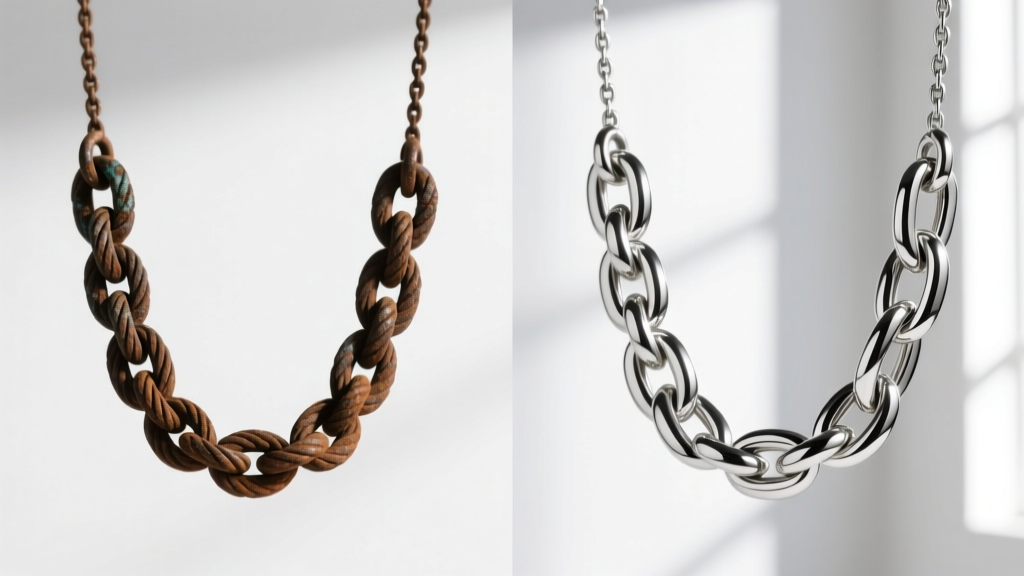 Split comparison showing a heavily oxidized Italian silver rope chain on the left and a brilliantly polished one on the right