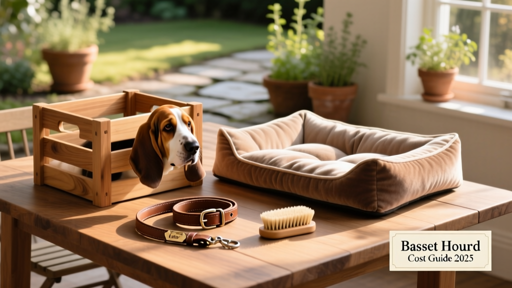 A neatly arranged collection of Basset Hound essentials: crate, soft bed, collar, leash, and grooming brush
