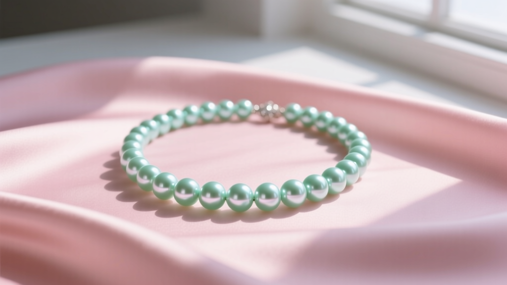 Flat lay of a mint green pearl necklace on blush pink silk, soft morning light, highly detailed macro jewelry photography