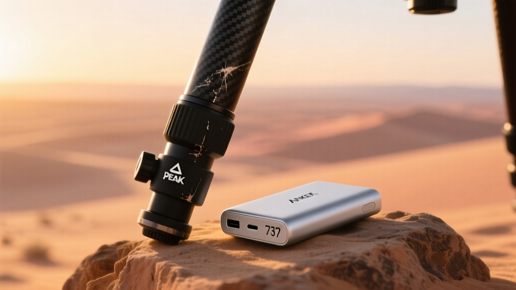 Close-up of a scuffed Peak Design carbon fiber tripod leg and an Anker 737 power bank resting on a sandy desert rock at sunrise