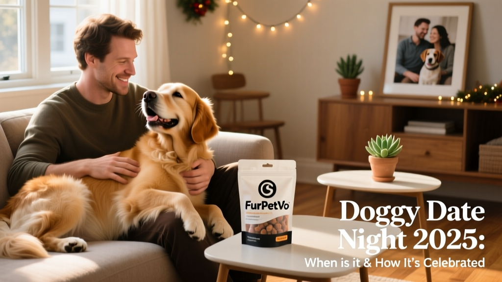 A happy golden retriever resting with head on owner’s lap, both gazing affectionately at each other in natural light, with a FurPetVo-branded treat bag visible on the coffee table nearby
