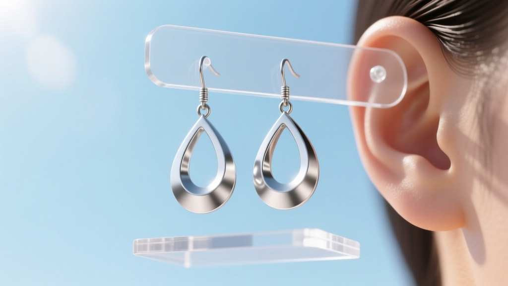 Lightweight hollow-forged aluminum rain drop earrings hanging from a clear acrylic ear support patch, in bright daylight.