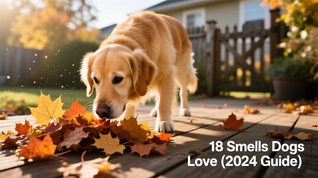 A curious dog sniffing a pile of autumn leaves in a sunlit backyard