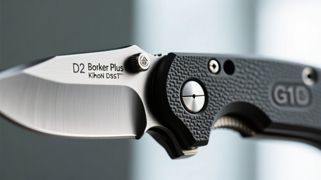 Macro shot of the Boker Plus Kihon crossbar lock mechanism engaged, showing the D2 steel blade edge and textured G10 handle scales