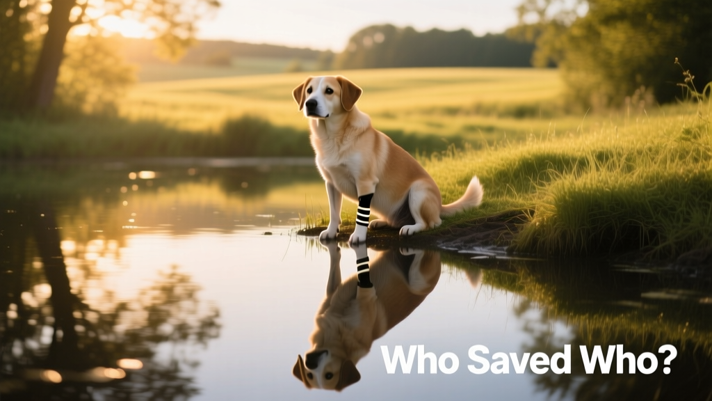 three-legged dog sitting in front of pond