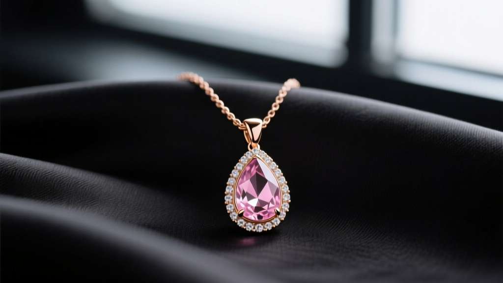 Close-up of a 14k rose gold necklace with a pear-cut morganite pendant surrounded by a micro-pave diamond halo on dark silk cloth
