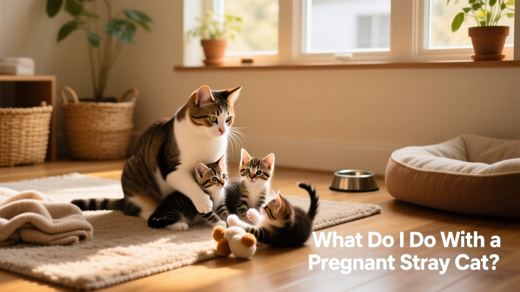 A happy, healthy mother cat with three playful kittens in a sunlit, safe indoor space