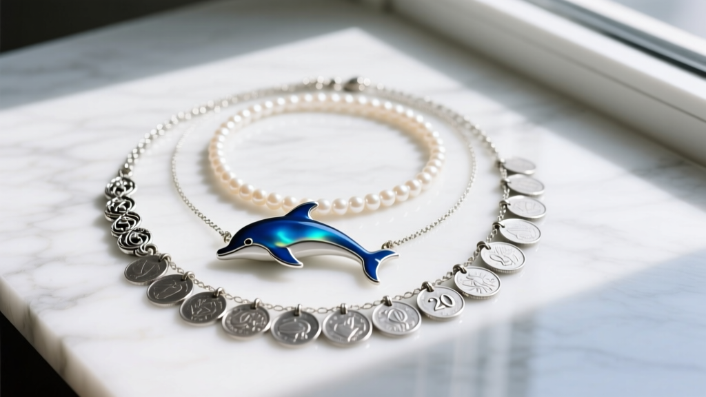 Layered necklaces on marble: 16-inch dolphin pendant, 18-inch pearl strand, and 20-inch silver coin necklace, top-down view