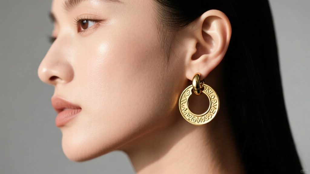 Side profile of a model wearing 26mm dangle bottle cap earrings made of stamped brass, highlighting the scale against the earlobe