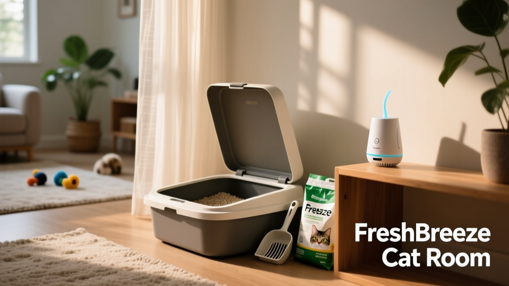 A tidy, well-lit cat litter station with a small air freshener placed nearby on a shelf