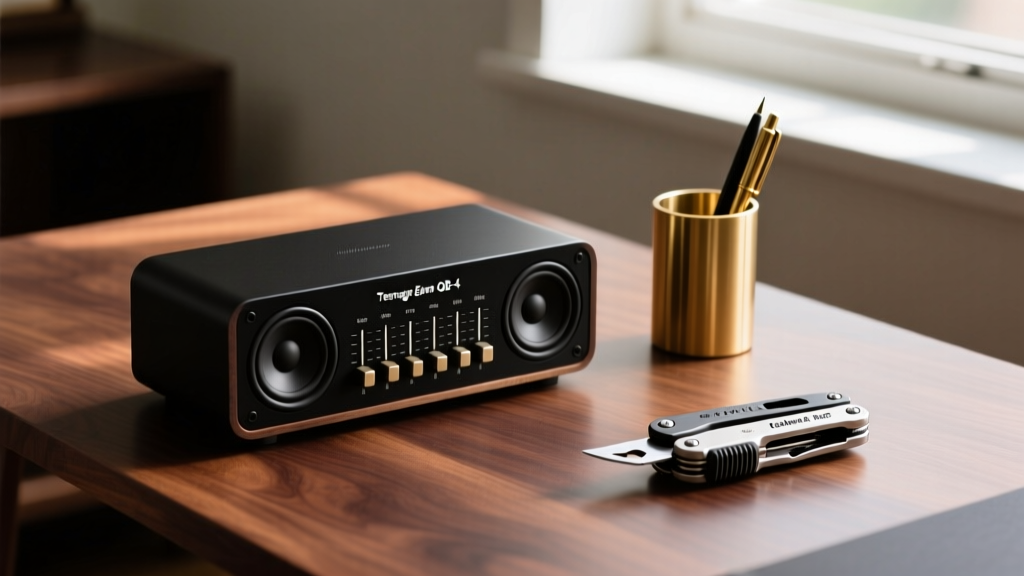 Mahogany desk setup featuring the Teenage Engineering OB-4 motorized speaker next to a brass Grovemade pen holder and Leatherman Arc multi-tool