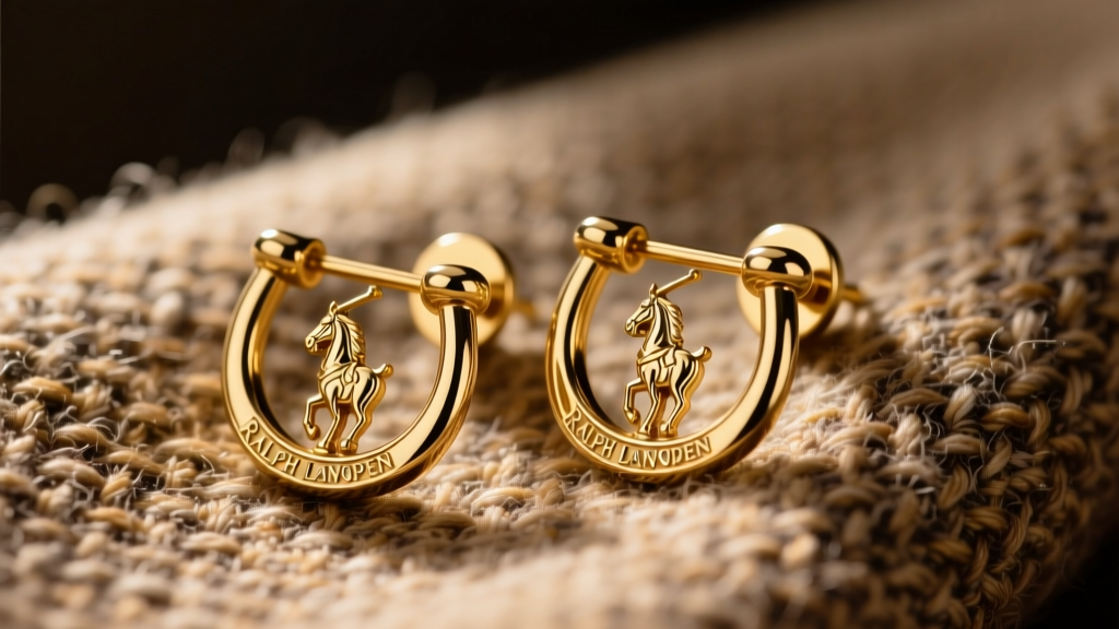 Close-up of vintage gold-tone Ralph Lauren equestrian bit clip-on earrings resting on tweed fabric with warm lighting.
